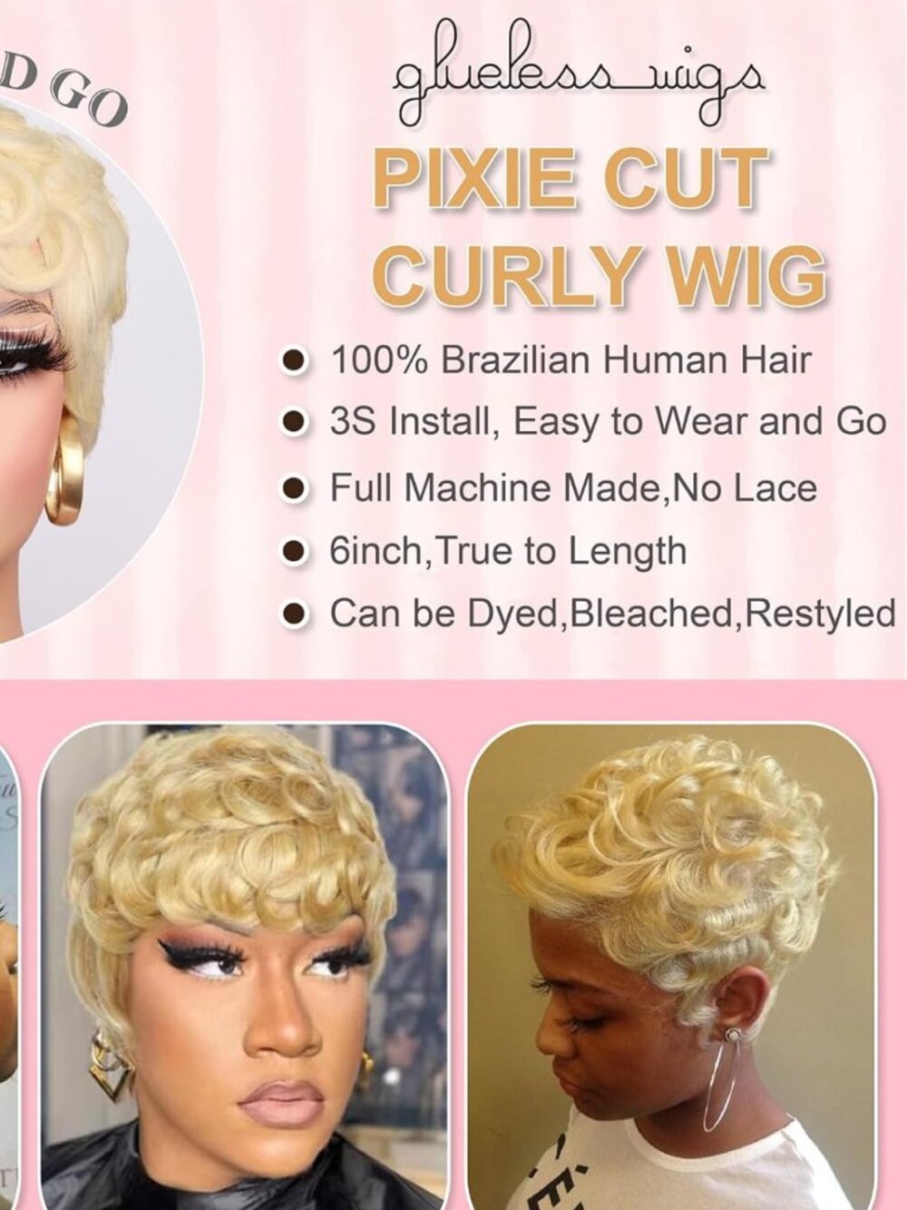 Blonde Curly Pixie Cut Wigs 100% Human Hair for Women, Honey Blonde 613
